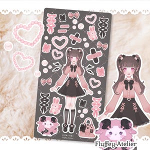 Leuk Harajuku Fashion Jirai Kei-stickervel | Vinylstickers voor poppen met schattige strikken, parels, konijnenknuffels en veterdetails