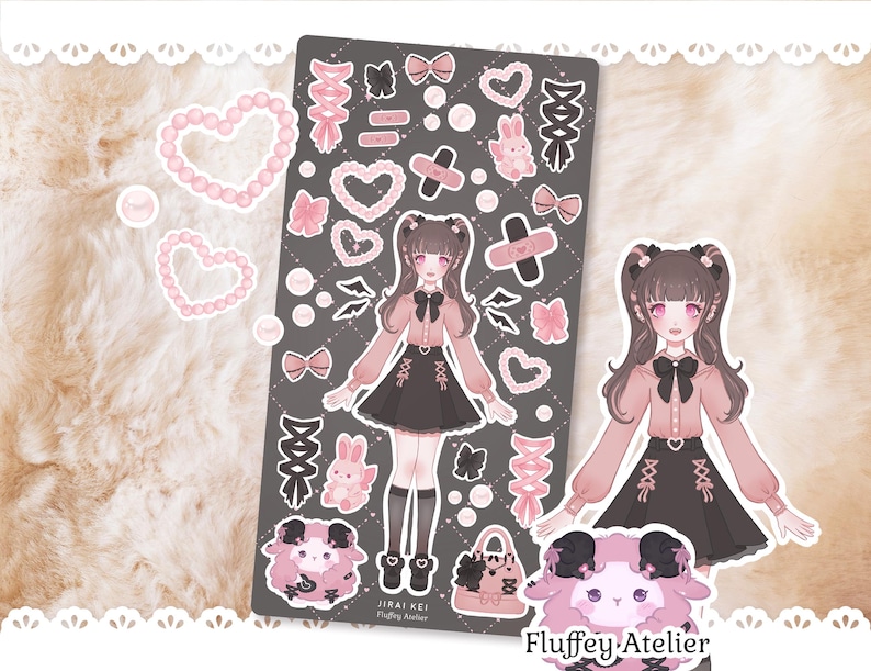 Cute Harajuku Fashion Jirai Kei stickersheet | Dress up doll vinyl stickers with cute bows, pearls, bunny plushes and lace-up details image 1