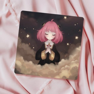 Anya in a night sky with clouds and stella stars from Spy x Family Art Print | Cute Spyxfamily fanart | Kawaii manga anime art