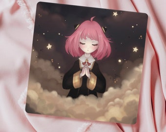 Anya in a night sky with clouds and stella stars from Spy x Family Art Print | Cute Spyxfamily fanart | Kawaii manga anime art