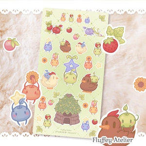 Feuille d'autocollants Junimo de Stardew Valley | Récolte de junimos, poulet, hutte, fleurs et fruits Fanart
