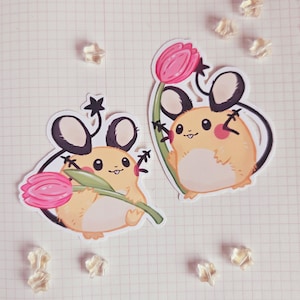 May include: Two cartoon stickers of a yellow and brown mouse-like Pokemon holding pink tulips. The Pokemon has black ears and a black tail.