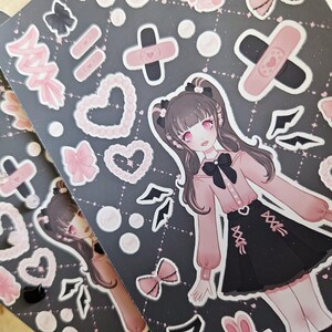 Cute Harajuku Fashion Jirai Kei stickersheet | Dress up doll vinyl stickers with cute bows, pearls, bunny plushes and lace-up details image 3