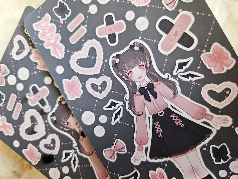 Cute Harajuku Fashion Jirai Kei stickersheet | Dress up doll vinyl stickers with cute bows, pearls, bunny plushes and lace-up details image 3