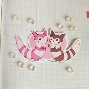 May include: Two cartoon characters, one pink and one brown, with white stripes, are holding hands and smiling. They are both standing on a pink heart with a white outline.
