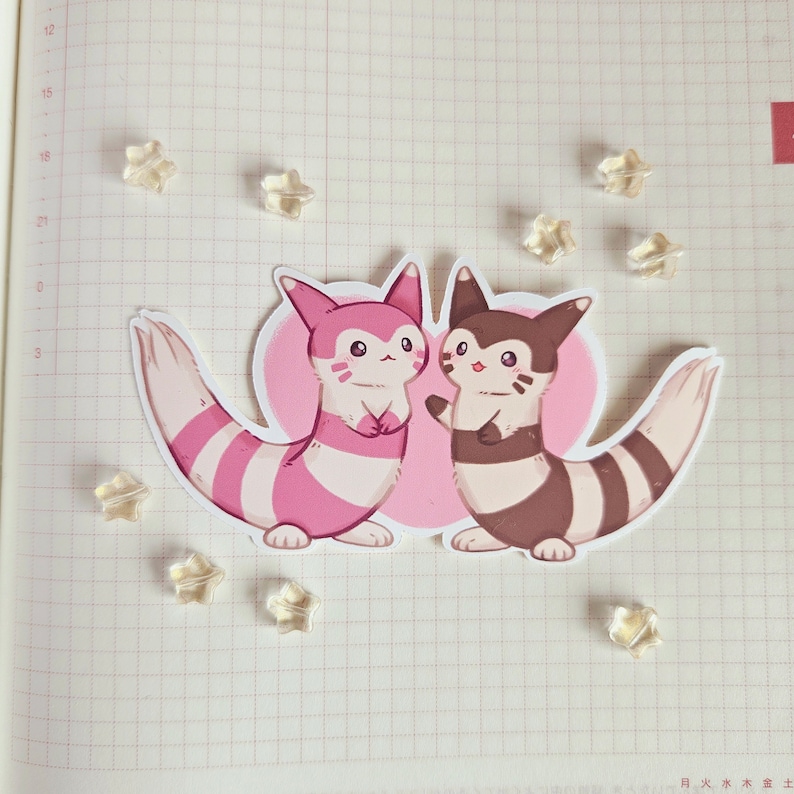 May include: Two cartoon characters, one pink and one brown, with white stripes, are holding hands and smiling. They are both standing on a pink heart with a white outline.