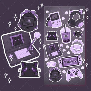 Adorable feuille d'autocollants pour la configuration du jeu gothique pastel | Retro Games Virtual Pets Chat Bubble Tea Controller Switch DS | Stickers décoratifs sombres