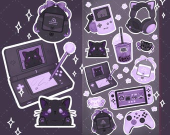Söt pastellgoth-speluppsättning, klistermärkesark | Retrospel, virtuella husdjur, katt, bubbelte, handkontroll, Switch DS | Mörka estetiska prydnadsklistermärken