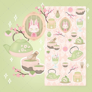 May include: A set of stickers with matcha tea illustrations. The designs include a teapot, matcha bowls, a whisk, and a bunny portrait in a frame. The color scheme is soft, with green, pink, and white, and cherry blossom branches.