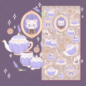 Adesivos para chá Earl Grey | Adesivos para planejador Cute Lavender | Bule de chá com xícaras de gato, lata de açúcar e leite | Aconchegante, escuro, claro, academia, ambiente de livros