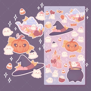 Adorable petite feuille d'autocollants fantômes d'Halloween, parfaite pour un journal d'Halloween effrayant avec des citrouilles, un chapeau de sorcière, un chaudron, des citrouilles, des bougies, de minuscules fantômes