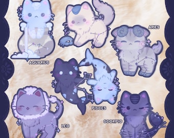 May include: A collection of whimsical cat illustrations representing zodiac signs. Each cat is depicted in a unique pose and color scheme, with constellations and zodiac names like "Aquarius" and "Cancer" displayed. The artwork has a soft, pastel color palette.