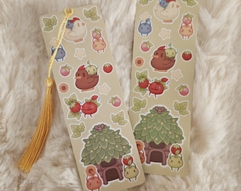 Stardew Valley Junimo Bookmarks for reading books and manga ! Cute autumn harvest vibes with chickens and crops, sage green with tassle