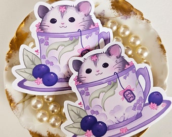 Cute Hamster in a Flower Tea Cup with Blueberry vinyl Sticker | Cottagecore journal pet for laptop planners water bottle