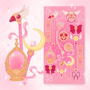 Foglio di adesivi di ragazze magiche per ogni fan di Mahou Shoujo! Graziosi adesivi anime femminili per tenere un diario con bacchette magiche e nastri scintillanti