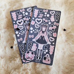 Cute Harajuku Fashion Jirai Kei stickersheet | Dress up doll vinyl stickers with cute bows, pearls, bunny plushes and lace-up details image 7