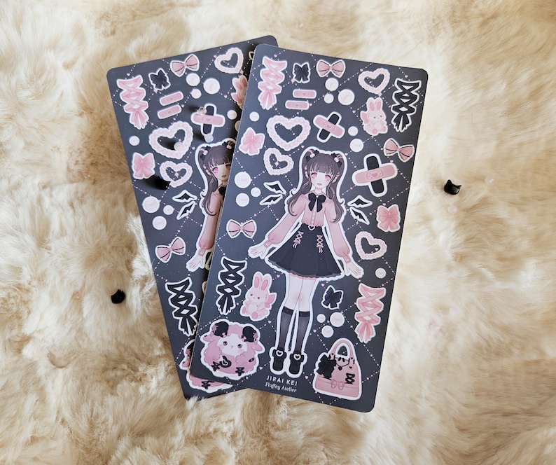 Cute Harajuku Fashion Jirai Kei stickersheet | Dress up doll vinyl stickers with cute bows, pearls, bunny plushes and lace-up details image 7