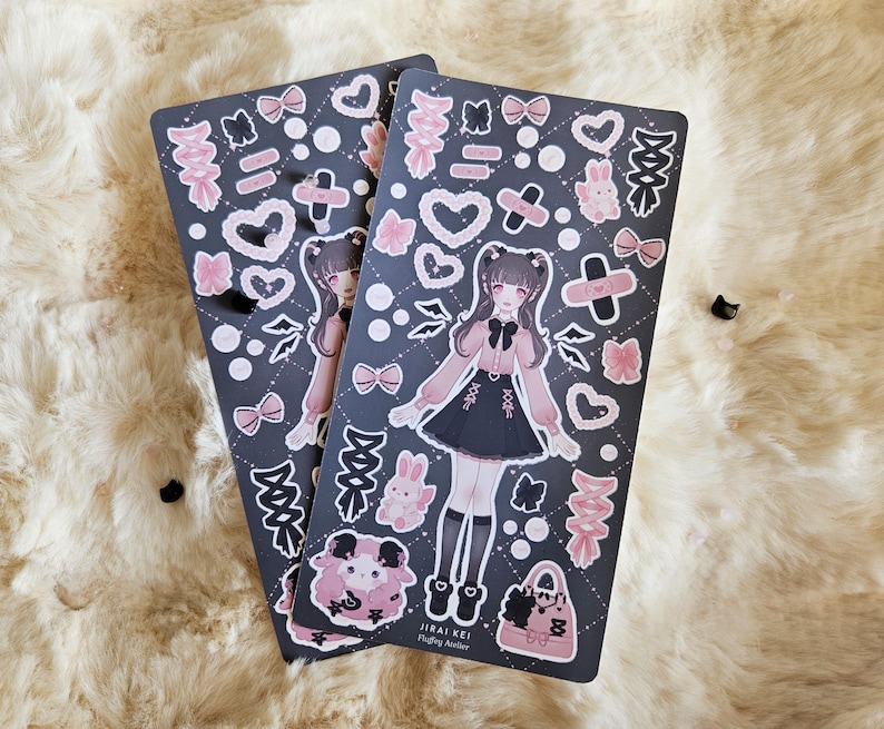 Cute Harajuku Fashion Jirai Kei stickersheet | Dress up doll vinyl stickers with cute bows, pearls, bunny plushes and lace-up details image 5