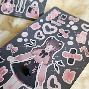 Cute Harajuku Fashion Jirai Kei stickersheet | Dress up doll vinyl stickers with cute bows, pearls, bunny plushes and lace-up details image 4