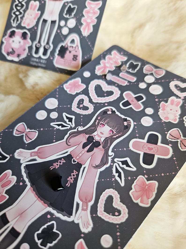Cute Harajuku Fashion Jirai Kei stickersheet | Dress up doll vinyl stickers with cute bows, pearls, bunny plushes and lace-up details image 4