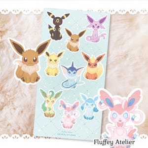 Hoja de pegatinas de Eeveelutions / Pegatinas de vinilo lindas Eevee Vamporeon Flareon Jolteon Umbreon Espeon Glaceon Leafeon Sylveon Evolución Pokémon