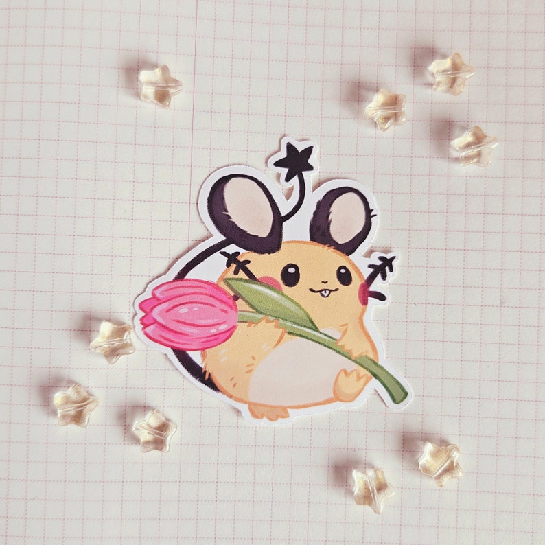 May include: A cartoon illustration of a yellow and brown Pokemon character holding a pink tulip. The character has black ears and a star on its head. The background is a white grid.