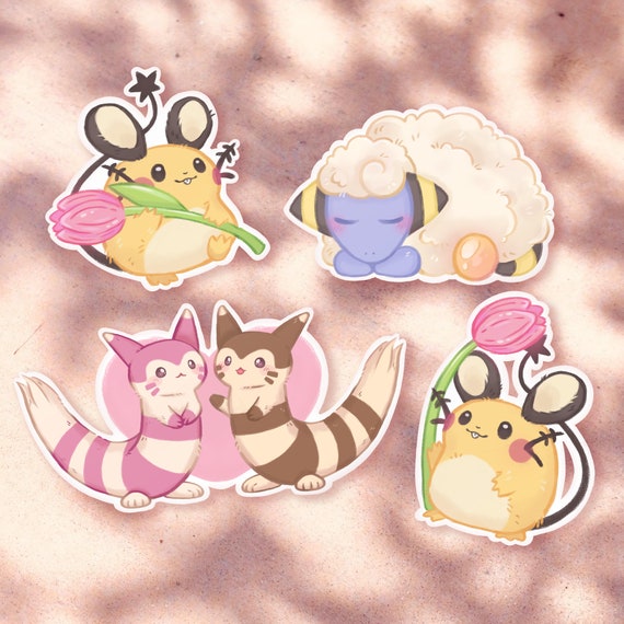Shiny Furret Mareep and Dedenne vinyl Pokemon Stickers! | Cute stickers for laptops water bottles planners with a kawaii and pink aesthetic