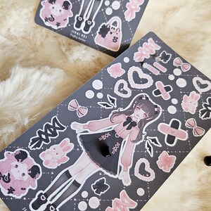 Cute Harajuku Fashion Jirai Kei stickersheet | Dress up doll vinyl stickers with cute bows, pearls, bunny plushes and lace-up details image 6