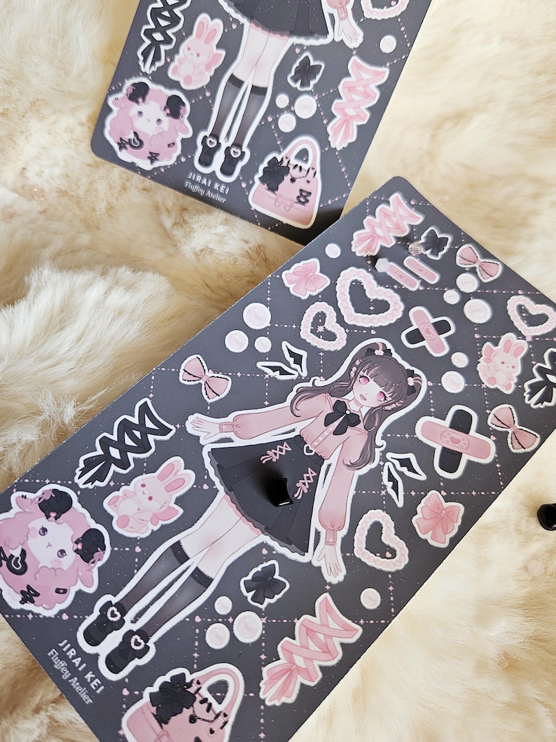 Cute Harajuku Fashion Jirai Kei stickersheet | Dress up doll vinyl stickers with cute bows, pearls, bunny plushes and lace-up details image 6