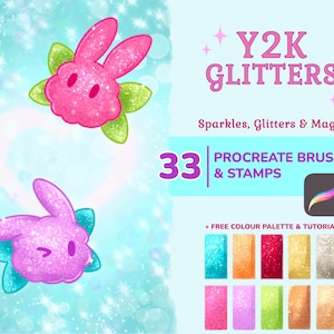 May include: Digital asset set titled Y2K GLITTERS featuring 33 Procreate brushes and stamps. Includes two glittery pink bunny illustrations with green and blue wings, plus a color palette with ten swatches in blue, orange, red, gold, silver, pink, and lime.