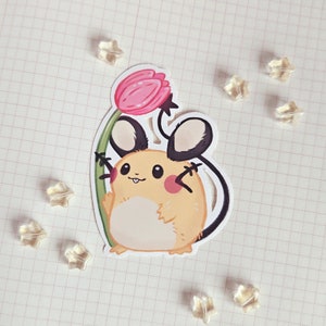 May include: A cartoon illustration of a brown and yellow Pichu Pokemon holding a pink tulip. The Pichu has black ears and a black tail.