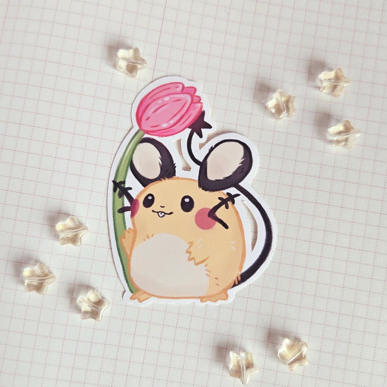 May include: A cartoon illustration of a brown and yellow Pichu Pokemon holding a pink tulip. The Pichu has black ears and a black tail.