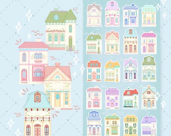 May include: A sheet of colorful stickers featuring illustrations of various cute houses. Each house has a unique design and color scheme, including pastel pink, blue, yellow, and green. The stickers are perfect for adding a touch of whimsy to planners, journals, or any other creative project.