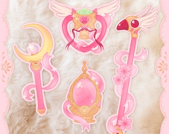 Magical girls stickers for every Mahou Shoujo fan! Cute girly anime stickers for journals, laptops with pink sparkly Ribbons and details mew
