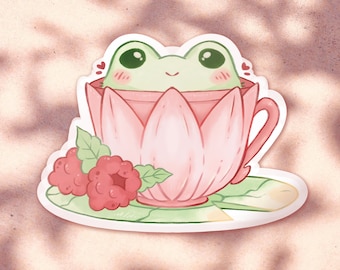 Cute Frog in a Flower Tea Cup with Raspberries vinyl Sticker | Kawaii food stickers for laptop planners and notebooks fairytale cottagecore