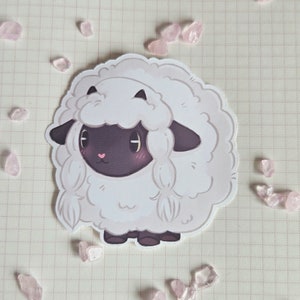 May include: A white and black cartoon sheep with a fluffy white coat and black face, eyes, and hooves. The sheep is standing on a white background.