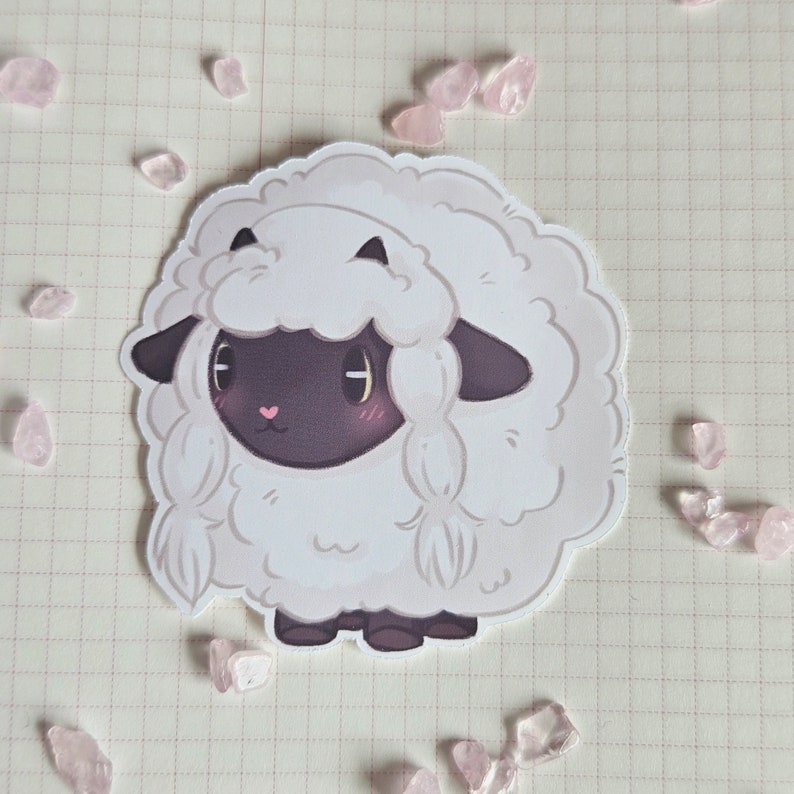 May include: A white and black cartoon sheep with a fluffy white coat and black face, eyes, and hooves. The sheep is standing on a white background.