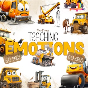 Vehículos de construcción / Paquete de imágenes prediseñadas para aprender las emociones / Caras felices, tristes y enojadas / Descarga instantánea para niños