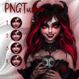 Puede incluir: Una ilustración digital de una mujer con cabello rojo y cuernos, vistiendo un vestido negro y un collar de gargantilla. Ella está sosteniendo una muñeca con una cara cosida. La imagen tiene el texto "PNGTuber" en la parte superior.