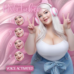 May include: A digital illustration featuring a woman with white hair, wearing a white tank top and blue jeans. She is wearing pink and white headphones and making a peace sign. The image includes the text "PNGTuber" and "Voice Activated".
