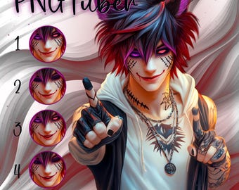 Puede incluir: Una ilustración digital de una persona joven con cabello rojo y azul, que lleva una sudadera con capucha blanca, guantes negros y un collar con un colgante. La persona tiene ojos rosas y una boca cosida. El fondo es una imagen borrosa de remolinos rosas y blancos. La imagen está etiquetada como "PNGTuber" y tiene cuatro opciones numeradas con diferentes expresiones faciales.