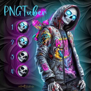 May include: Digital artwork of a skeleton character wearing a graffiti-style jacket and hood, with glowing blue eyes. The image includes spray paint cans and the text "PNGTuber", along with skull icons.