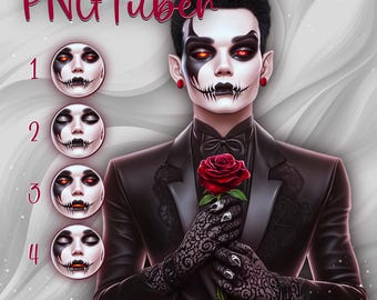 Puede incluir: Una ilustración digital de un hombre con pintura facial en blanco y negro, ojos rojos y una rosa roja en la mano. Lleva un traje negro con una pajarita negra y guantes de encaje negro. El fondo es un degradado blanco y gris.