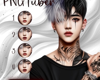 Puede incluir: Ilustración digital de una persona con cabello blanco y negro, tatuajes y piercings. La imagen incluye el texto "PNGTuber" y "VOICE ACTIVATED". Cuatro imágenes circulares muestran diferentes expresiones oculares.
