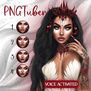 Peut inclure: Illustration numérique d'une femme aux longs cheveux noirs, ornée d'une couronne et d'un collier de bijoux rouges. L'image comprend quatre portraits circulaires et le texte "PNGTuber" et "VOICE ACTIVATED". La femme a des accents de plumes blanches.