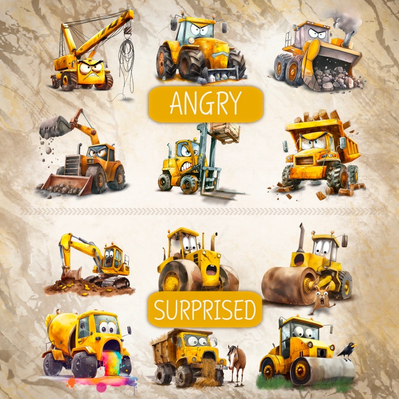Construction Vehicles | Emotion Learning Clipart Bundle | Happy Sad ...