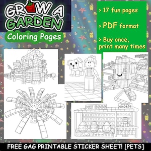 以下が含まれることがあります： 「Grow a Garden Coloring Pages」のテキストが入った白黒の塗り絵ページ。ページには、建物、キャラクター、オブジェクトのブロック風イラストが掲載されています。画像には「Free Gag Printable Sticker Sheet! [Pets]」のテキストも含まれています。