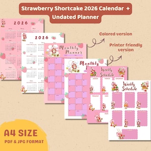 Strawberry Girl 2026 Calendar Printable Monthly Weekly Planner l Undated Planner l Cute Kawaii Planner l Instant Download l PDF JPG