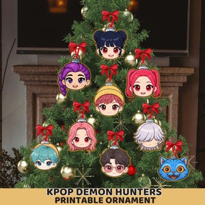 May include: A decorated Christmas tree with multiple KPOP Demon Hunters printable ornaments. The ornaments feature cartoon faces with various hairstyles and colors, each with a red bow. The text "KPOP DEMON HUNTERS PRINTABLE ORNAMENT" is at the bottom.