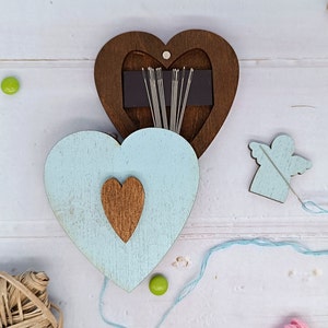 Porta aghi in legno, Porta aghi magnetico, Organizer in legno per aghi, Scomparto per spilli da cucito, Cuore porta spilli